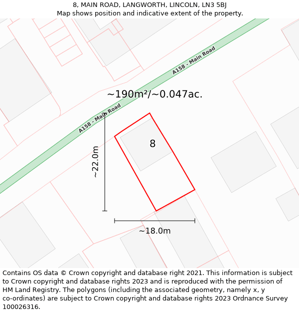 8, MAIN ROAD, LANGWORTH, LINCOLN, LN3 5BJ: Plot and title map
