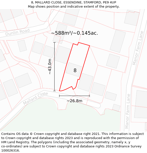 8, MALLARD CLOSE, ESSENDINE, STAMFORD, PE9 4UP: Plot and title map