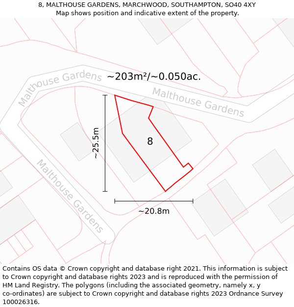 8, MALTHOUSE GARDENS, MARCHWOOD, SOUTHAMPTON, SO40 4XY: Plot and title map