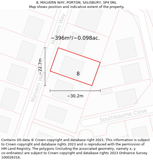 8, MALVERN WAY, PORTON, SALISBURY, SP4 0NL: Plot and title map