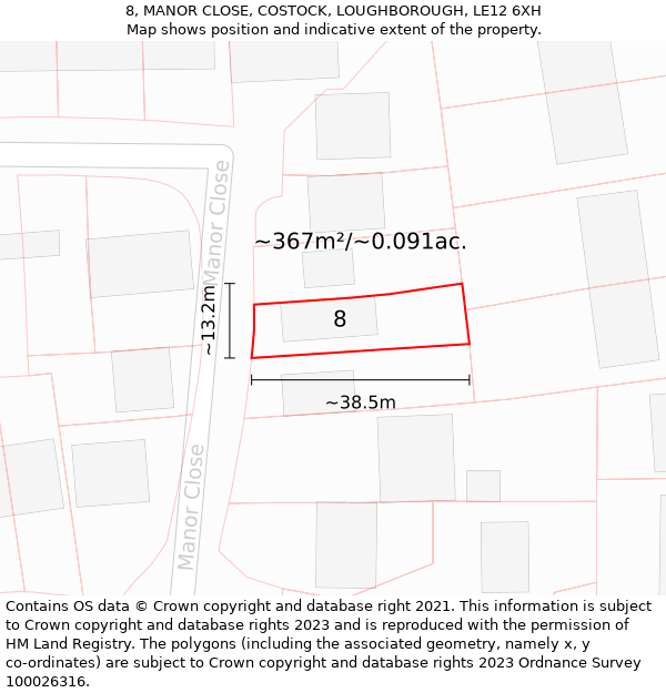 8, MANOR CLOSE, COSTOCK, LOUGHBOROUGH, LE12 6XH: Plot and title map