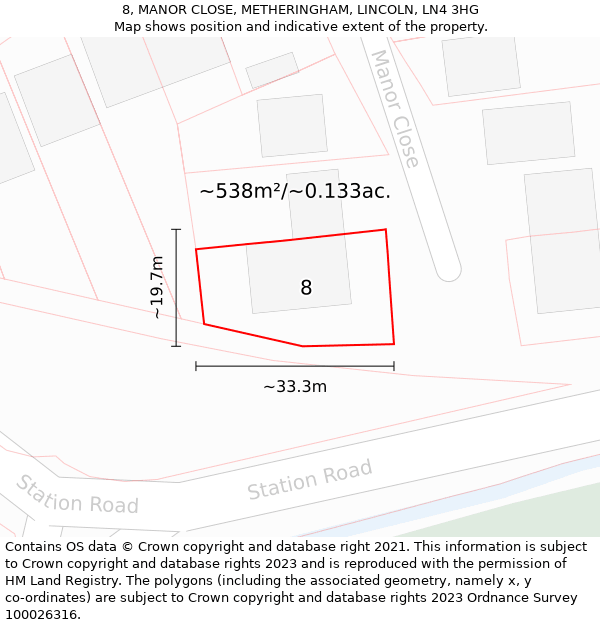 8, MANOR CLOSE, METHERINGHAM, LINCOLN, LN4 3HG: Plot and title map