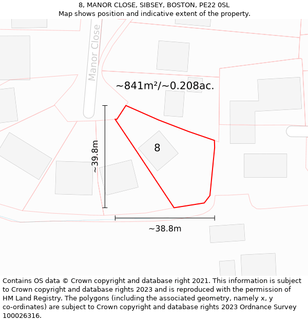 8, MANOR CLOSE, SIBSEY, BOSTON, PE22 0SL: Plot and title map