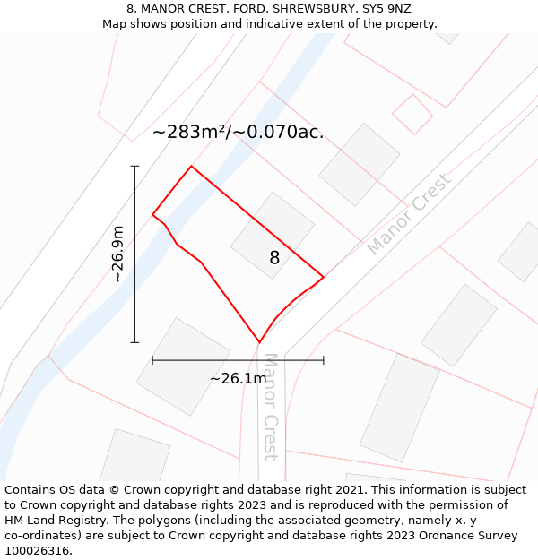 8, MANOR CREST, FORD, SHREWSBURY, SY5 9NZ: Plot and title map