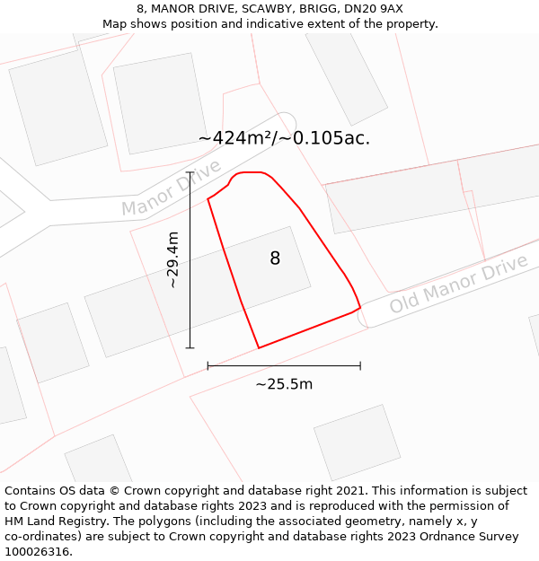 8, MANOR DRIVE, SCAWBY, BRIGG, DN20 9AX: Plot and title map