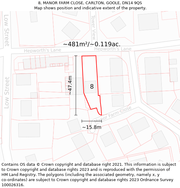 8, MANOR FARM CLOSE, CARLTON, GOOLE, DN14 9QS: Plot and title map