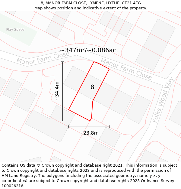 8, MANOR FARM CLOSE, LYMPNE, HYTHE, CT21 4EG: Plot and title map