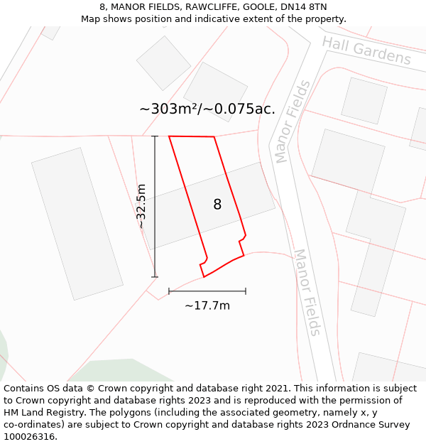 8, MANOR FIELDS, RAWCLIFFE, GOOLE, DN14 8TN: Plot and title map