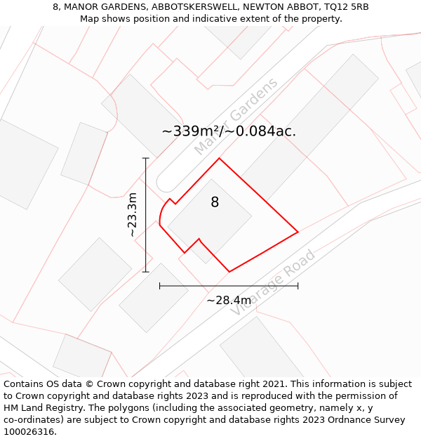 8, MANOR GARDENS, ABBOTSKERSWELL, NEWTON ABBOT, TQ12 5RB: Plot and title map