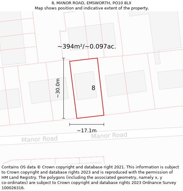 8, MANOR ROAD, EMSWORTH, PO10 8LX: Plot and title map