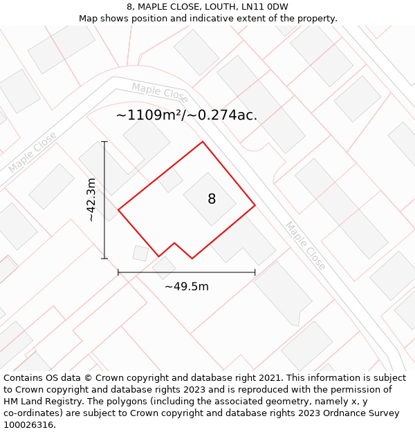 8, MAPLE CLOSE, LOUTH, LN11 0DW: Plot and title map