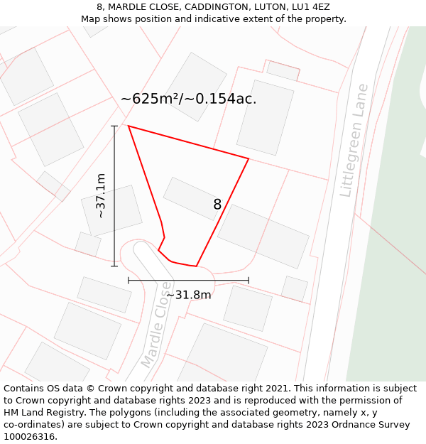 8, MARDLE CLOSE, CADDINGTON, LUTON, LU1 4EZ: Plot and title map