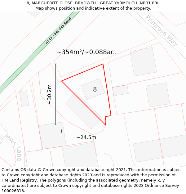 8, MARGUERITE CLOSE, BRADWELL, GREAT YARMOUTH, NR31 8RL: Plot and title map