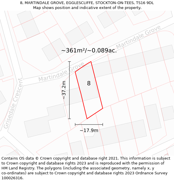 8, MARTINDALE GROVE, EGGLESCLIFFE, STOCKTON-ON-TEES, TS16 9DL: Plot and title map