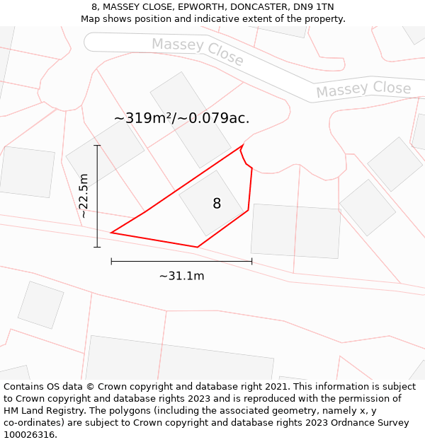 8, MASSEY CLOSE, EPWORTH, DONCASTER, DN9 1TN: Plot and title map