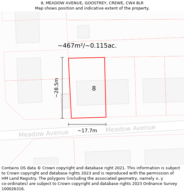 8, MEADOW AVENUE, GOOSTREY, CREWE, CW4 8LR: Plot and title map