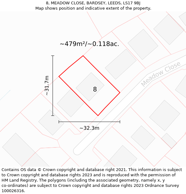 8, MEADOW CLOSE, BARDSEY, LEEDS, LS17 9BJ: Plot and title map