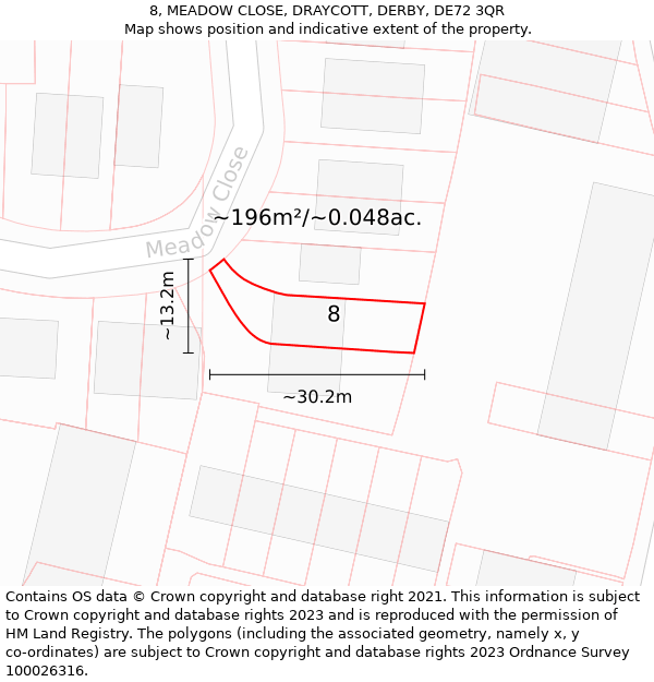 8, MEADOW CLOSE, DRAYCOTT, DERBY, DE72 3QR: Plot and title map