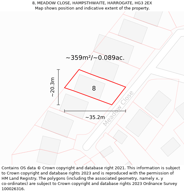 8, MEADOW CLOSE, HAMPSTHWAITE, HARROGATE, HG3 2EX: Plot and title map