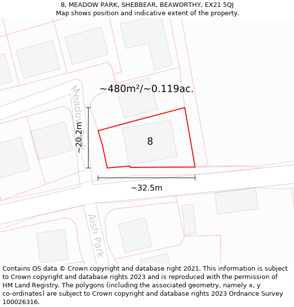 8, MEADOW PARK, SHEBBEAR, BEAWORTHY, EX21 5QJ: Plot and title map