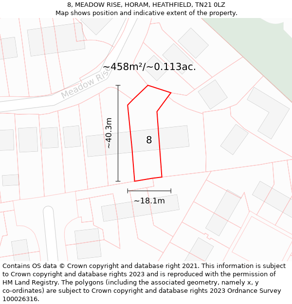 8, MEADOW RISE, HORAM, HEATHFIELD, TN21 0LZ: Plot and title map