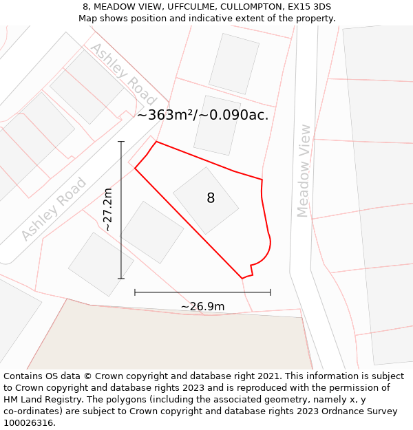 8, MEADOW VIEW, UFFCULME, CULLOMPTON, EX15 3DS: Plot and title map