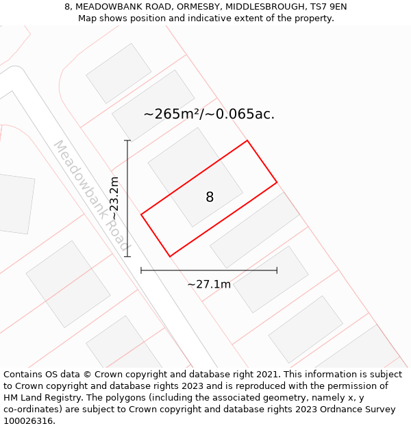 8, MEADOWBANK ROAD, ORMESBY, MIDDLESBROUGH, TS7 9EN: Plot and title map