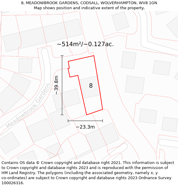 8, MEADOWBROOK GARDENS, CODSALL, WOLVERHAMPTON, WV8 1GN: Plot and title map