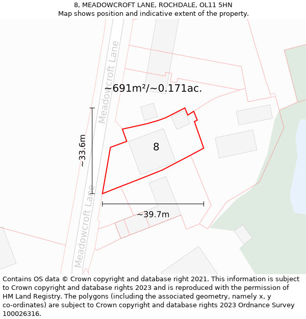 8, MEADOWCROFT LANE, ROCHDALE, OL11 5HN: Plot and title map