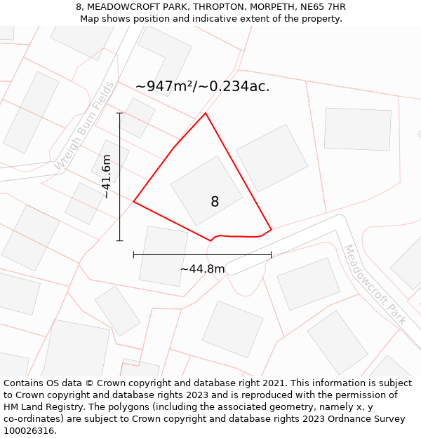 8, MEADOWCROFT PARK, THROPTON, MORPETH, NE65 7HR: Plot and title map