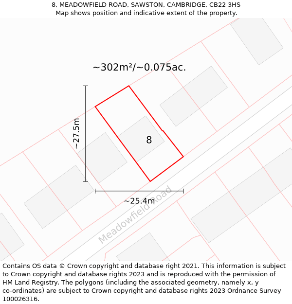 8, MEADOWFIELD ROAD, SAWSTON, CAMBRIDGE, CB22 3HS: Plot and title map