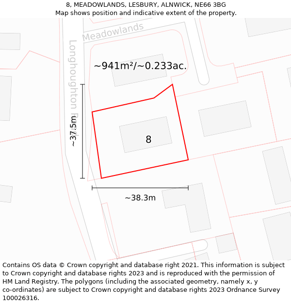 8, MEADOWLANDS, LESBURY, ALNWICK, NE66 3BG: Plot and title map