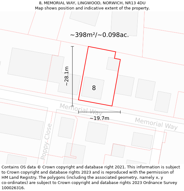 8, MEMORIAL WAY, LINGWOOD, NORWICH, NR13 4DU: Plot and title map
