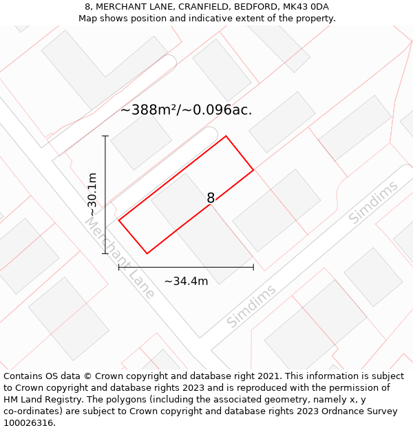 8, MERCHANT LANE, CRANFIELD, BEDFORD, MK43 0DA: Plot and title map