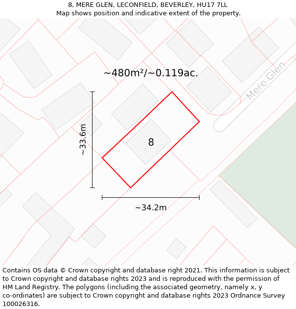 8, MERE GLEN, LECONFIELD, BEVERLEY, HU17 7LL: Plot and title map