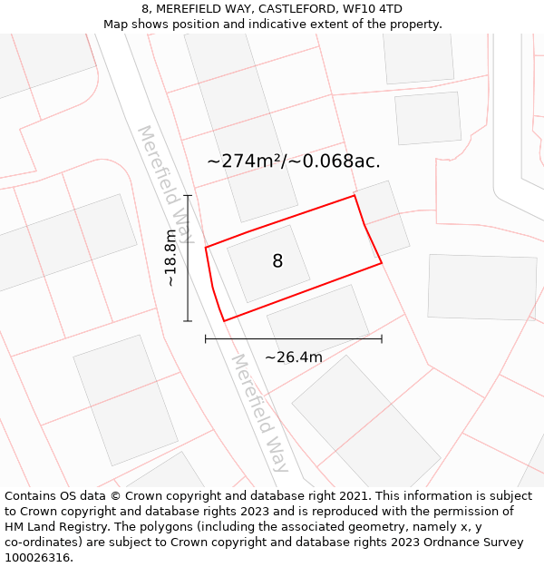 8, MEREFIELD WAY, CASTLEFORD, WF10 4TD: Plot and title map