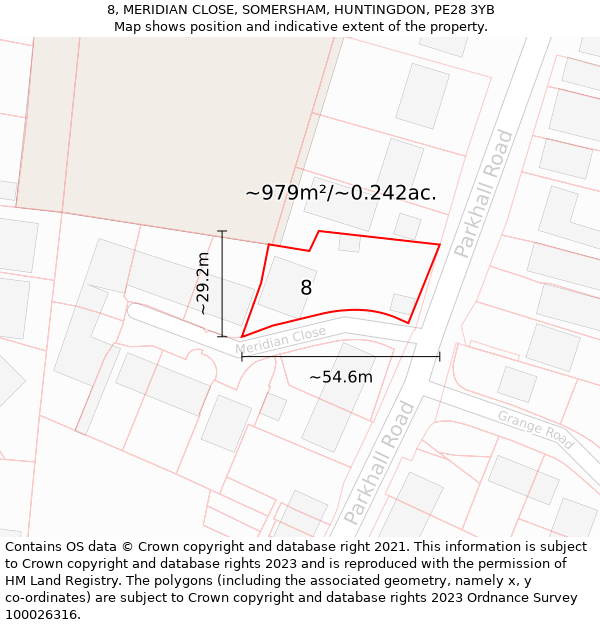 8, MERIDIAN CLOSE, SOMERSHAM, HUNTINGDON, PE28 3YB: Plot and title map