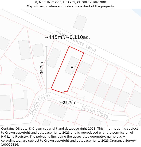 8, MERLIN CLOSE, HEAPEY, CHORLEY, PR6 9BB: Plot and title map