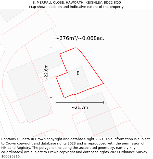 8, MERRALL CLOSE, HAWORTH, KEIGHLEY, BD22 8QG: Plot and title map