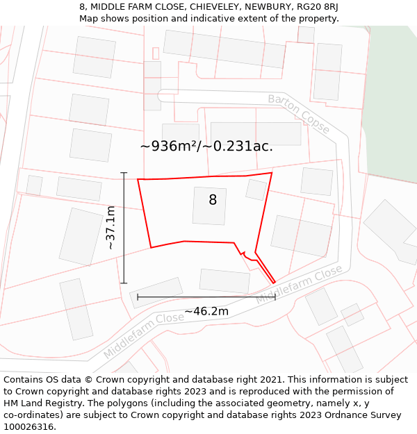 8, MIDDLE FARM CLOSE, CHIEVELEY, NEWBURY, RG20 8RJ: Plot and title map