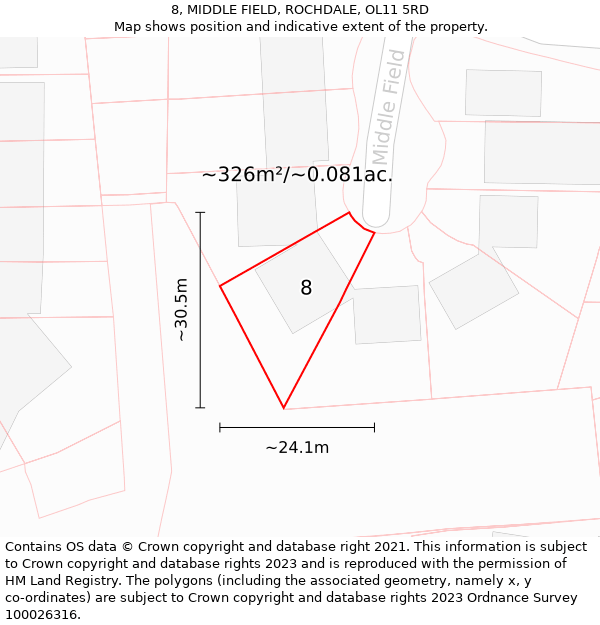 8, MIDDLE FIELD, ROCHDALE, OL11 5RD: Plot and title map