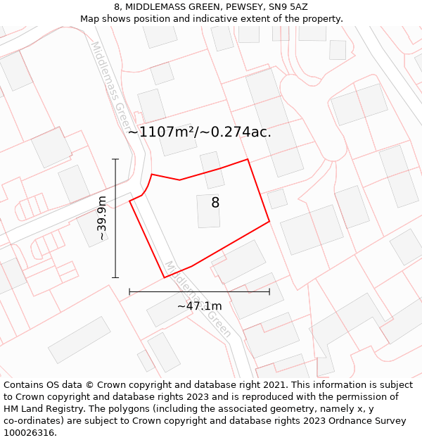 8, MIDDLEMASS GREEN, PEWSEY, SN9 5AZ: Plot and title map