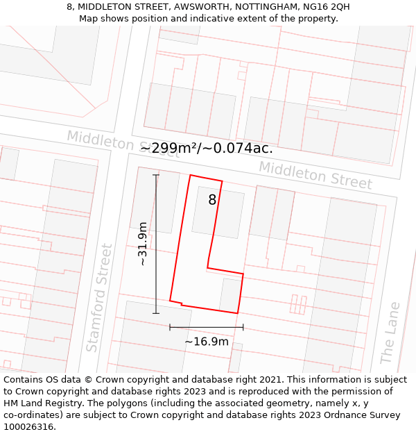 8, MIDDLETON STREET, AWSWORTH, NOTTINGHAM, NG16 2QH: Plot and title map