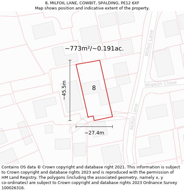 8, MILFOIL LANE, COWBIT, SPALDING, PE12 6XF: Plot and title map