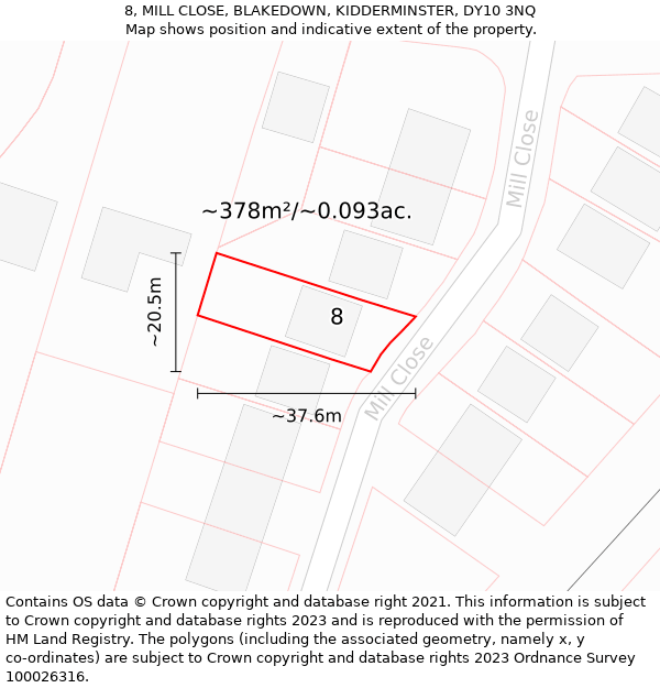 8, MILL CLOSE, BLAKEDOWN, KIDDERMINSTER, DY10 3NQ: Plot and title map