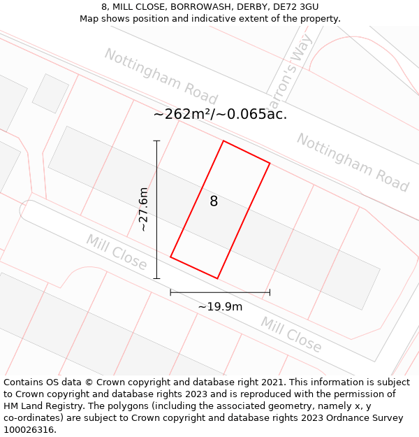 8, MILL CLOSE, BORROWASH, DERBY, DE72 3GU: Plot and title map