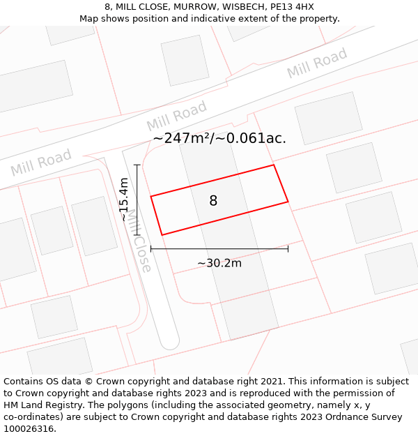 8, MILL CLOSE, MURROW, WISBECH, PE13 4HX: Plot and title map