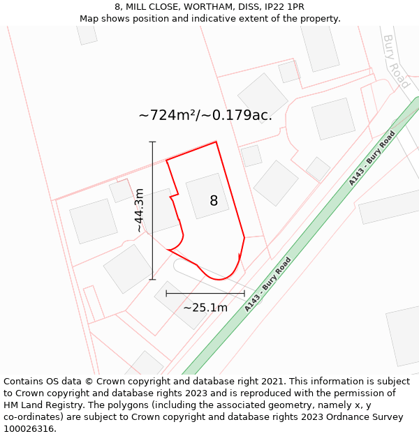 8, MILL CLOSE, WORTHAM, DISS, IP22 1PR: Plot and title map