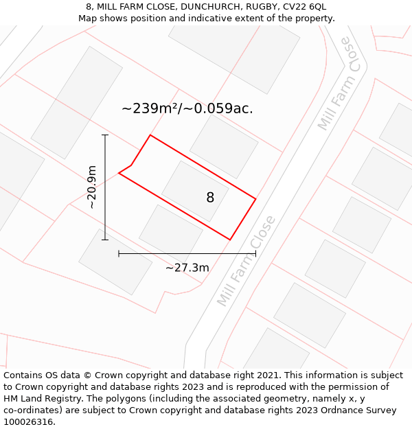 8, MILL FARM CLOSE, DUNCHURCH, RUGBY, CV22 6QL: Plot and title map