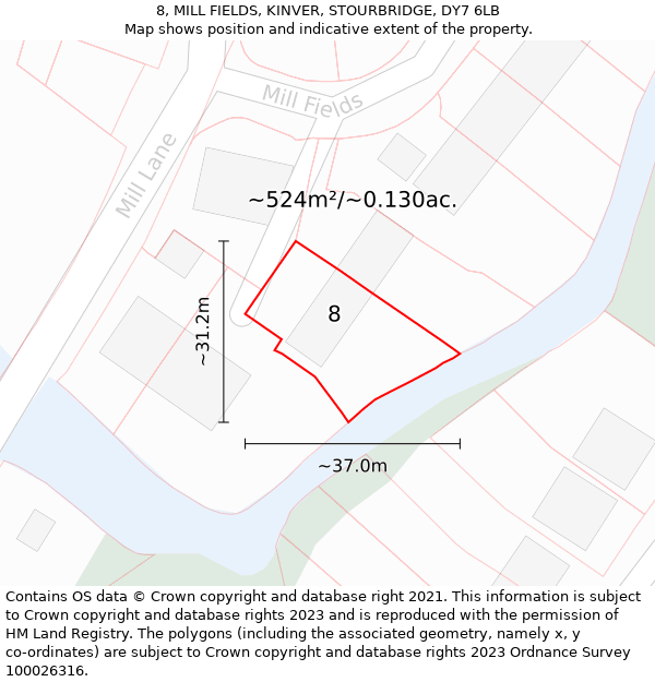 8, MILL FIELDS, KINVER, STOURBRIDGE, DY7 6LB: Plot and title map